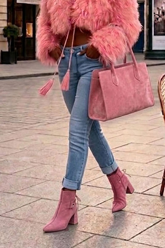 Dress ankle boots back laces in carnation pink leather with high slim heels and pointed toe - Worn view
